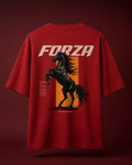A red short-sleeve t-shirt shown from the back, featuring a large graphic print of a black rearing horse over a vertical orange stripe, with the word 'FORZA' in bold off-white letters above. The t-shirt is displayed against a dark maroon background.