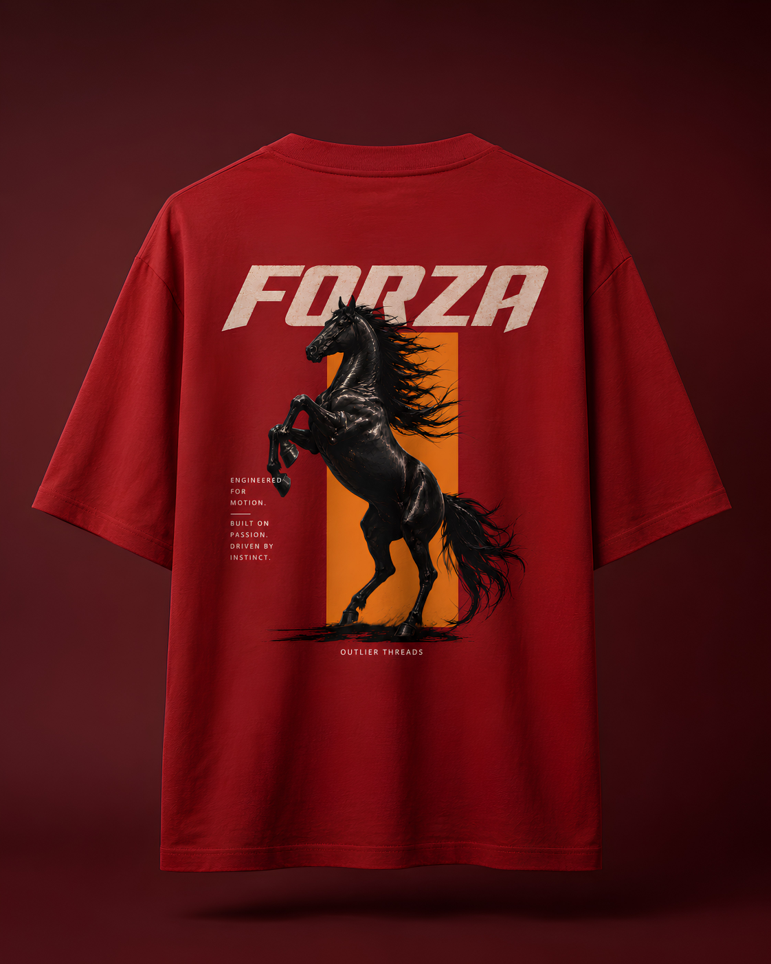 A red short-sleeve t-shirt shown from the back, featuring a large graphic print of a black rearing horse over a vertical orange stripe, with the word 'FORZA' in bold off-white letters above. The t-shirt is displayed against a dark maroon background.